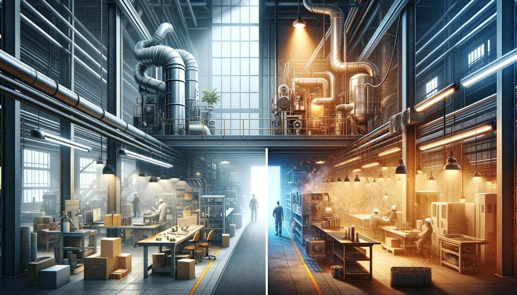 Illustration of a workplace with and without an LEV system